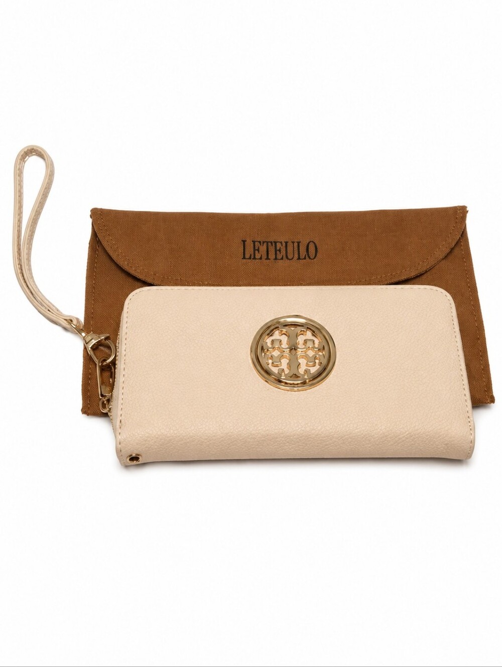 Beige Zip Around Wristlet Wallet Clutch Organizer Gold Medallion EUC